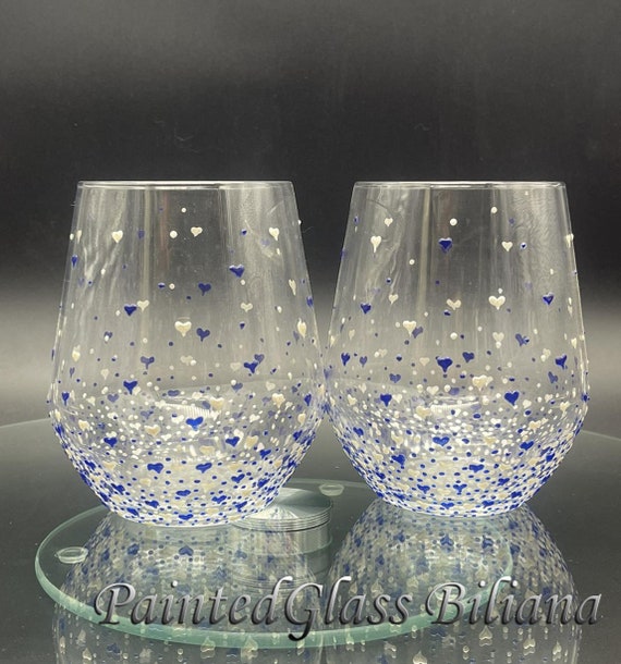 Set of 2 hand painted stemless wine glasses Valentine's day in pearly white and blue