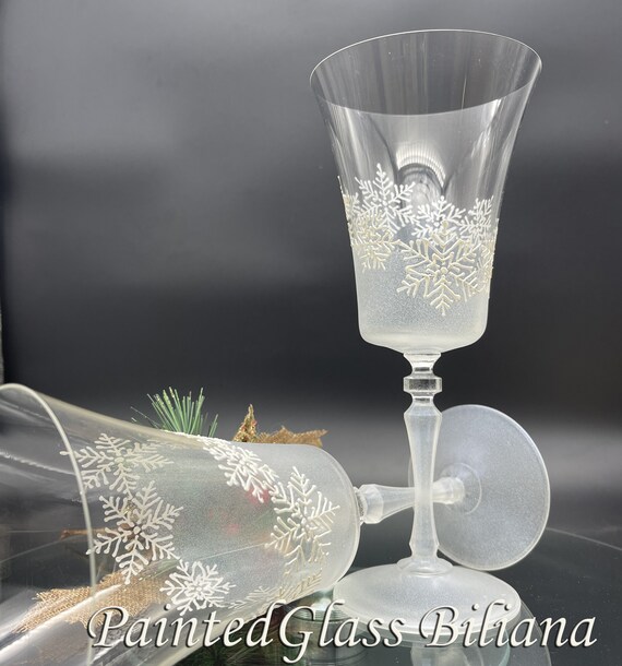 CRYSTAL SET of 2 Hand Painted wine toasting glasses Snowflakes Christmas Winter theme in pearly white color
