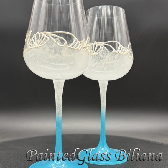 Beach Sea hand painted wine glasses in pearly white and blue