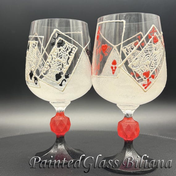 Hand Painted Poker Wine Glasses: Casino Royal Flush Set