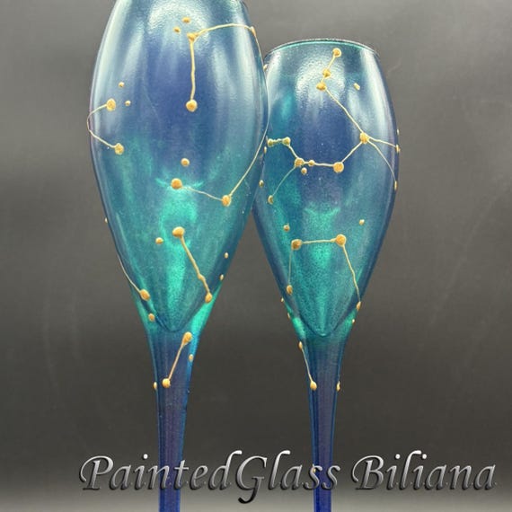 Constellations Set of 2 hand painted wedding champagne flutes Night sky personalized toasting glasses in blue and gold color