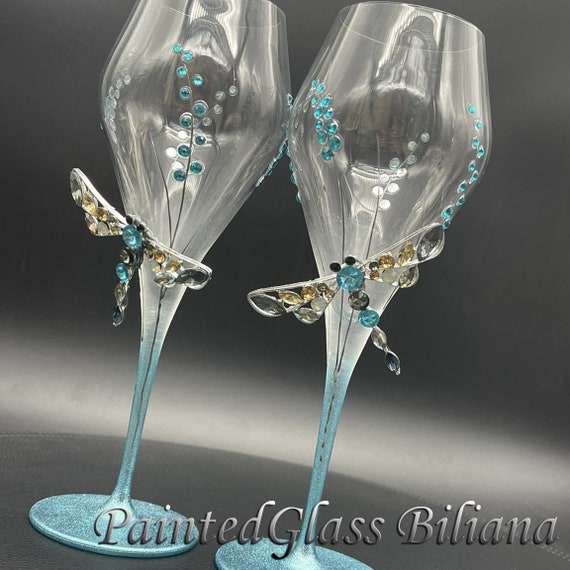 Blue crystals dragonflies hand painted wedding champagne flutes, Set of 2