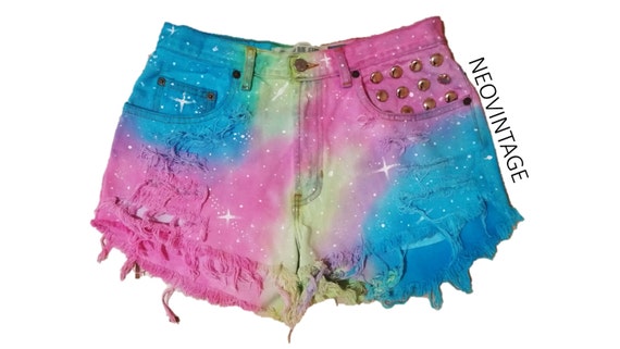 Colorful Rainbow Dyed Galaxy High Waisted Denim Shorts - Etsy