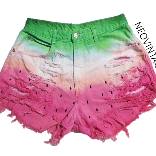 Watermelon Dyed High Waisted Hipster Festival Fringed Denim Shorts