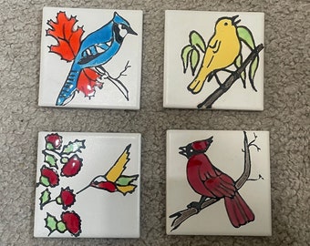 Bird tiles, bright colors, hand painted, four tiles