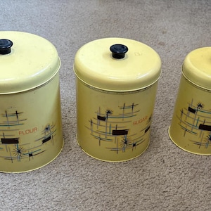 Vintage set of 3 metal tins, Flour, sugar and tea, Yellow