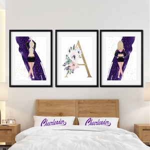 3 Print Cheerleader room Decor, Cheer Personalized wall Art  Prints, Cheerleader Gifts, Floral initial print, Digital Delivery