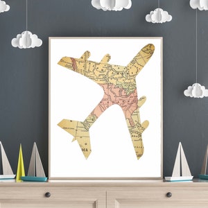 Vintage Airplane Art, Adventure Print Art, World Map Wall Art, Instant DOWNLOAD