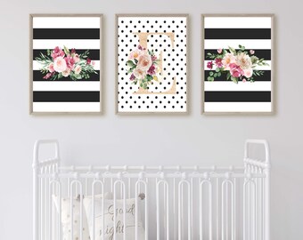 Black and White Floral Nursery Print, Baby Girl Wall Art, Monogram, Nursery Decor, Nursery Decorations