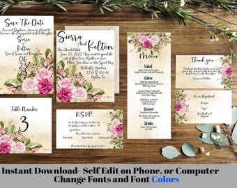 Vintage Rose Floral Wedding Invitations, Wedding Invitations Template, Wedding Card, Diy Bride, Self Instant Edit and Download