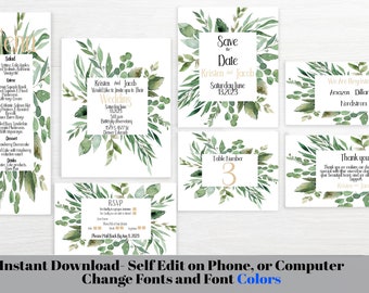 Square Boho Leaf Wedding Invitations, Leaf Wedding Invitations Template,  Wedding Card, Diy Bride, Self Instant Edit and Download