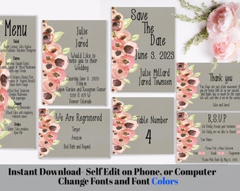 Pink Grey Floral Wedding Invitations, Wedding Invitations Template, Wedding Card, Diy Bride, Self Instant Edit and Download