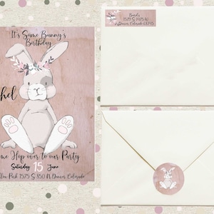Baby Girl Pink Birthday Card, Bunny Birthday Invitation, Baby Shower Girl, Baby Shower Stickers Self Instant Edit and Download