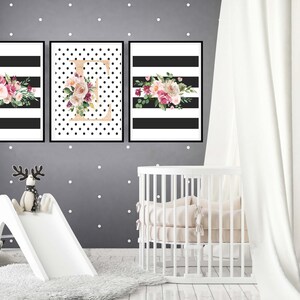 Black and White Floral Nursery Print, Baby Girl Wall Art, Monogram ...