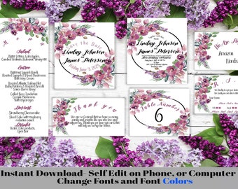 Purple Boho Floral Wedding Invitations, Wedding Invitations Template,  Wedding Card, Diy Bride, Self Instant Edit and Download