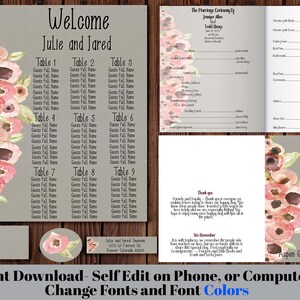 May include: A printable wedding seating chart template with a floral design. The chart includes tables numbered 1 through 9, with space for guest names. The template also includes a welcome sign with the names "Julie and Jared" and a floral design. The text "Instant Download - Self Edit on Phone, or Computer Change Fonts and Font Colors" is at the bottom of the image.