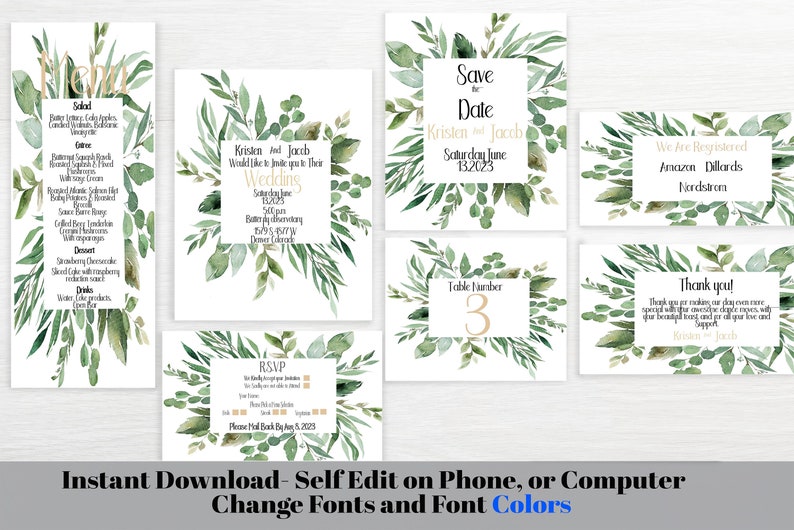 Square Boho Leaf Wedding Invitations, Leaf Wedding Invitations Template, Wedding Card, Diy Bride, Self Instant Edit and Download image 1