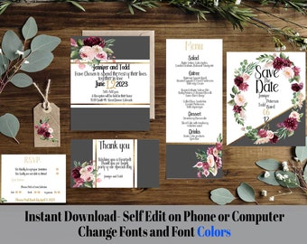 Hochzeitseinladungen, Hochzeitseinladungen Vorlage, Hochzeitskarte, Diy Braut, Selbst-Sofortige Bearbeitung und Download