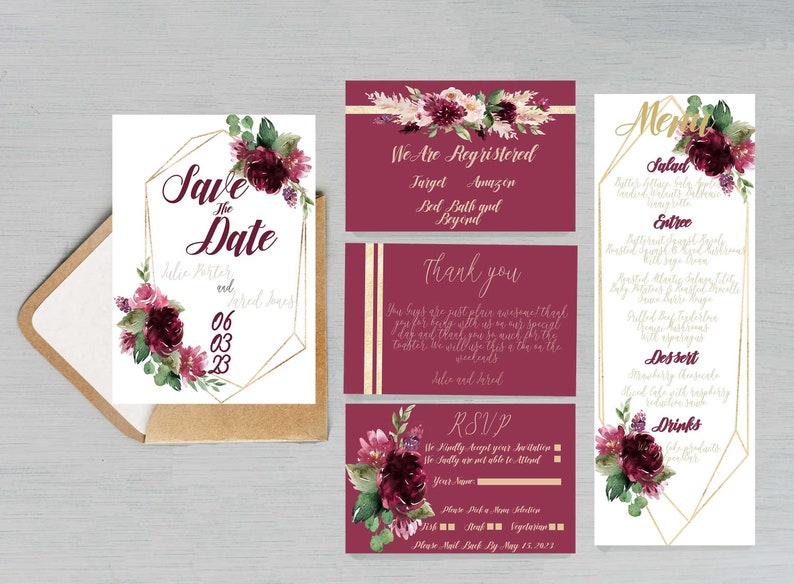 Maroon Gold Floral Wedding Invitations Wedding Invitations Etsy