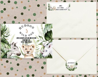Safari Jungle Animals Birthday, Jungle Birthday Card, Safari Jungle Party, Stickers, Auto-Instant Edit y Download