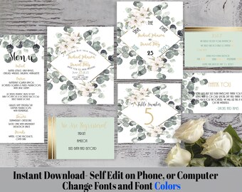 Mint Magnolia Wedding Invitations, Wedding Invitations Template,  Wedding Card, Diy Bride, Self Instant Edit and Download