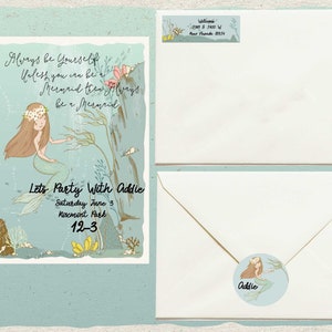 Mermaid Birthday Card, Girl Birthday Card, Mermaid Invitation, Baby Shower, Stickers, Self Instant Edit and Download