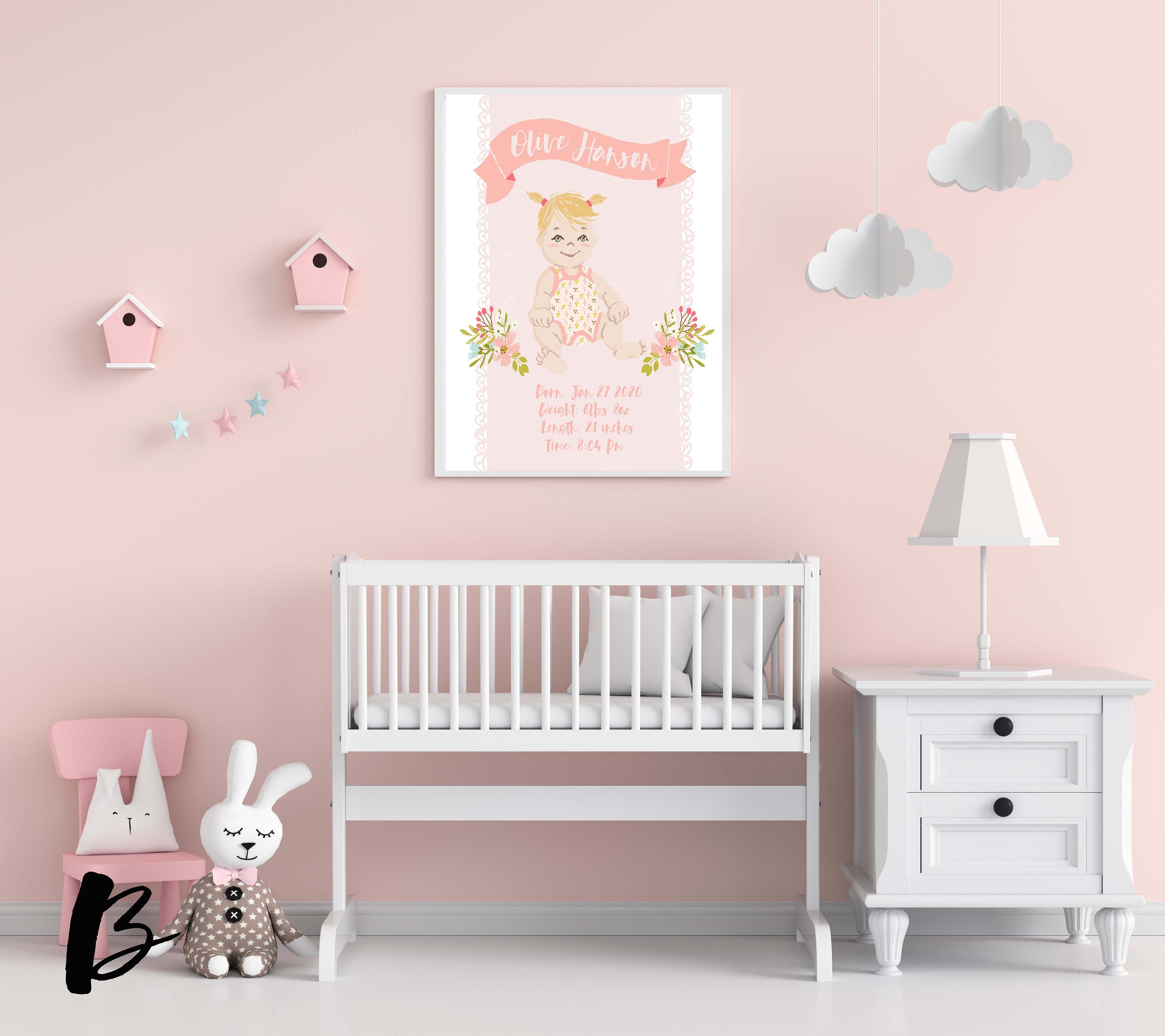 Baby Girl Wall Art, With Personalized Information and Name, Nursery