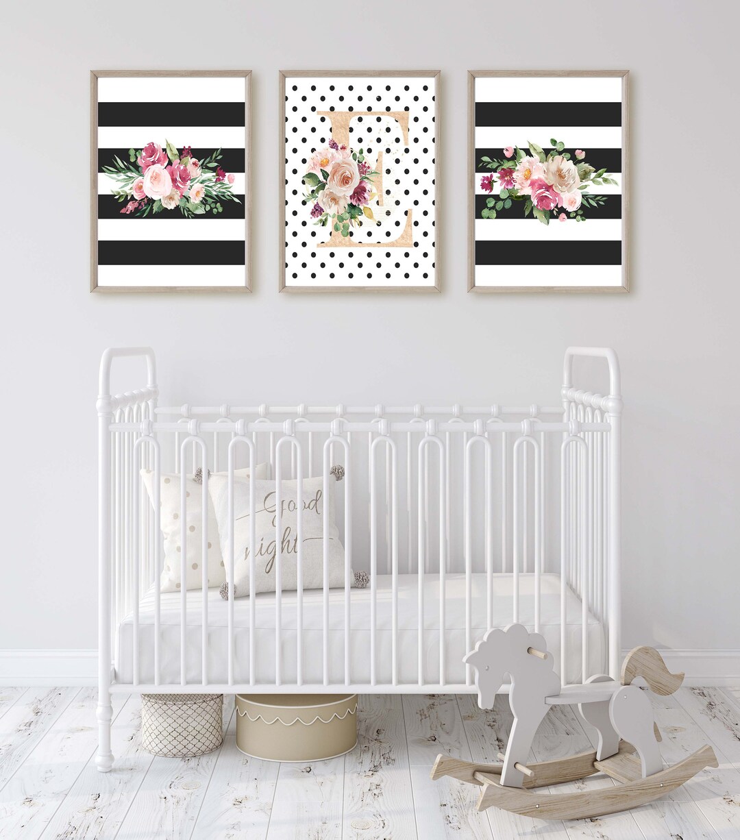 Black and White Floral Nursery Print, Baby Girl Wall Art, Monogram ...