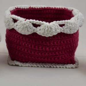 Trio of Crocheted Raspberry Colored Cotton Baskets with White Scalloped Trim