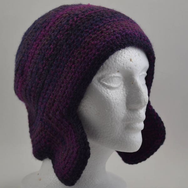 Ear Flap Bomber Type Hat In Variegated Purple Tones