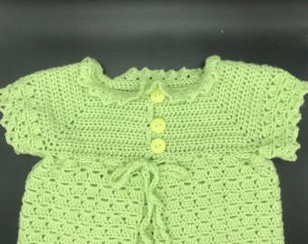 Lime Green Crocheted Baby Cardigan or Sacque with 3 Buttons and a Tie