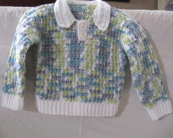 Multi-Colored Crocheted Pullover Baby Boy Sweater with Contrast Cuff, Collar, and Hem in 6-9 and 12-18 month