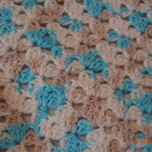 Crocheted Turquoise, White, and Tan Baby Blanket With Scalloped Turquoise Border