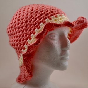 Crocheted Strawberry Pink Cloche Type Hat with Soft White Accent Band