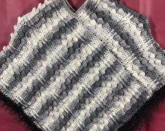 Kid Size Crocheted Striped Grey and White Textured Poncho with Black Eyelash Yarn Trim