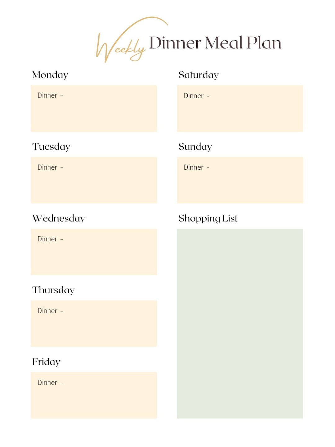 Printable Weekly Dinner Meal Planner - Etsy