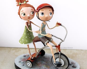 Sculpture "Balade à tricycle", ART DOLL, pièce unique, entièrement réalisée à la main