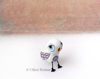 Mini bird, white and purple, miniature, unique piece, collection