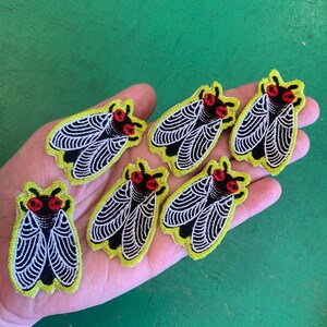 Pode incluir: Seis emblemas bordados em forma de cigarras, cada um com uma borda verde-limão brilhante, asas pretas com detalhes lineares brancos e olhos vermelhos proeminentes. Os emblemas estão dispostos em grupo, exibindo o design de inseto.