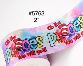 3 or 5 yard - 2" Cat in The Hat Oh Places You'll Go w Hat and Bow on Ombre Grosgrain Ribbon Hair bow Craft Supply