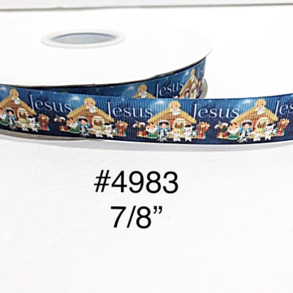 3 or 5 yard - 7/8" Christmas Nativity Jesus on Blue Grosgrain Ribbon Hair bow Craft Supply