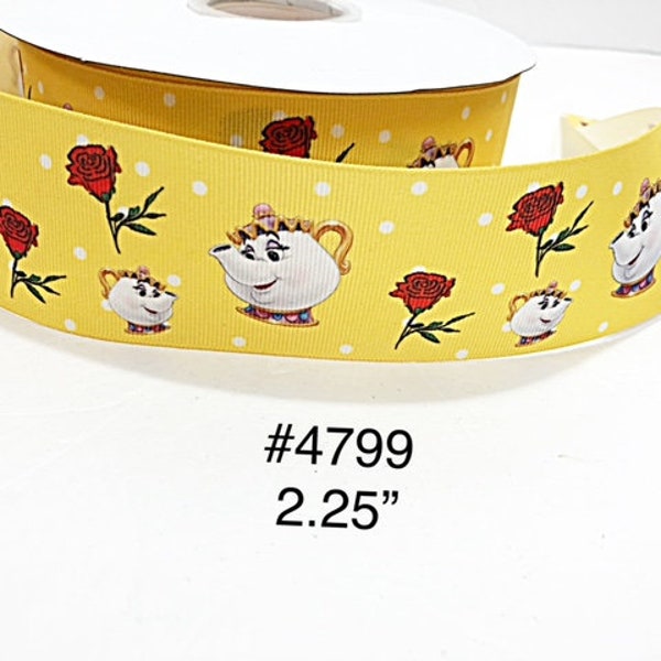 3 or 5 yard - 2.25" Beauty and The Beast Teapot, Teacup and Red Rose w Polka Dot on Yellow Grosgrain Ribbon Hair bow Craft Supply