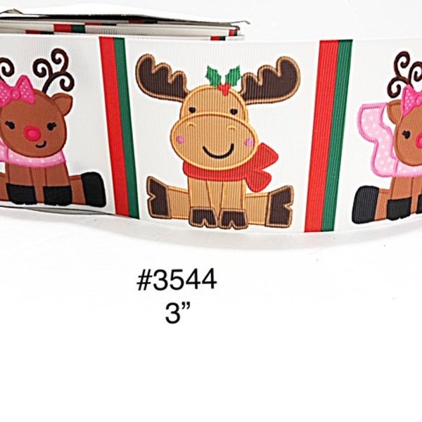 2/3/5 yard - 3" Christmas Boy and Girl Moose wearing Scarf on White Jumbo Grosgrain Ribbon Craft Supply