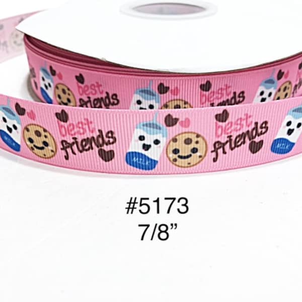 3 or 5 yard - 7/8" Food Snack Best Friend Chocolate Chip Cookie and Milk w Heart on Pink Grosgrain Ribbon Hair bow Craft Supply