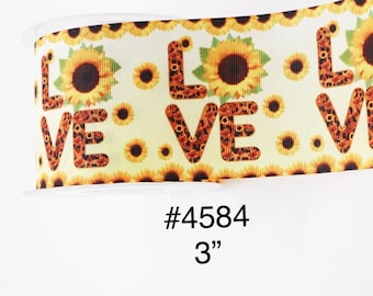 2/3/5 yard - 3" Love Sunflower Flower on White Jumbo Grosgrain Ribbon Cheer Bow Craft Supply