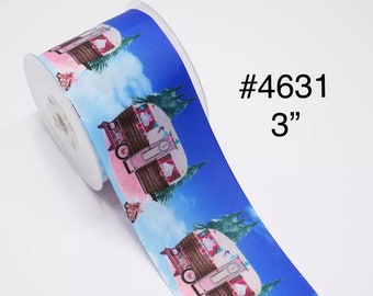 2/3/5 yard - 3" Camping and Tree on Blue Jumbo Grosgrain Ribbon Craft Supply