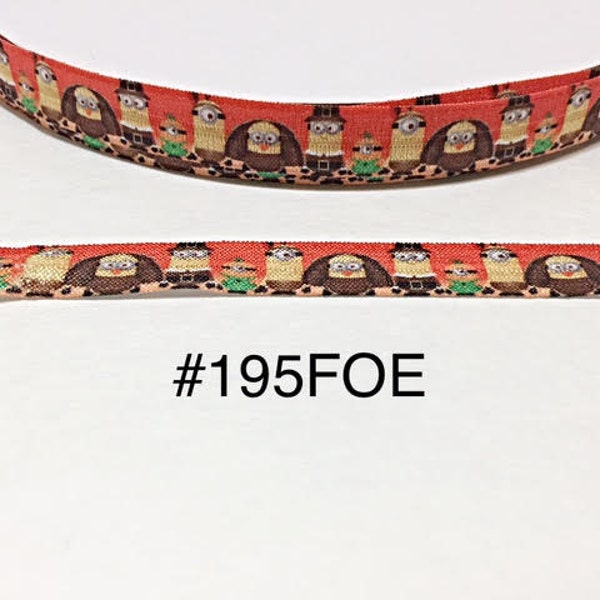 3 or 5 yard - 5/8" Thanksgiving Minion and Friend on Orange Fold Over Elastic FOE Headband Hair Accessories Craft Supply