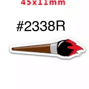 May include: A sticker featuring a brown paintbrush with a silver ferrule and a black brush head tipped with red paint. The text 45x11mm and #2338R is printed above the paintbrush illustration on a white background.