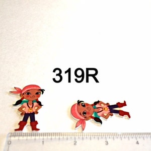 May include: Two wooden cartoon character cutouts. One is standing with hands on hips, the other is lying down. Both have a pink headscarf, brown skin, and red boots. The text "319R" is above the cutouts.