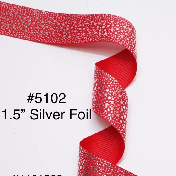 3 or 5 yard - 1.5" Silver Foil Polka Dot on Red Grosgrain Ribbon Hair bow Craft Supply